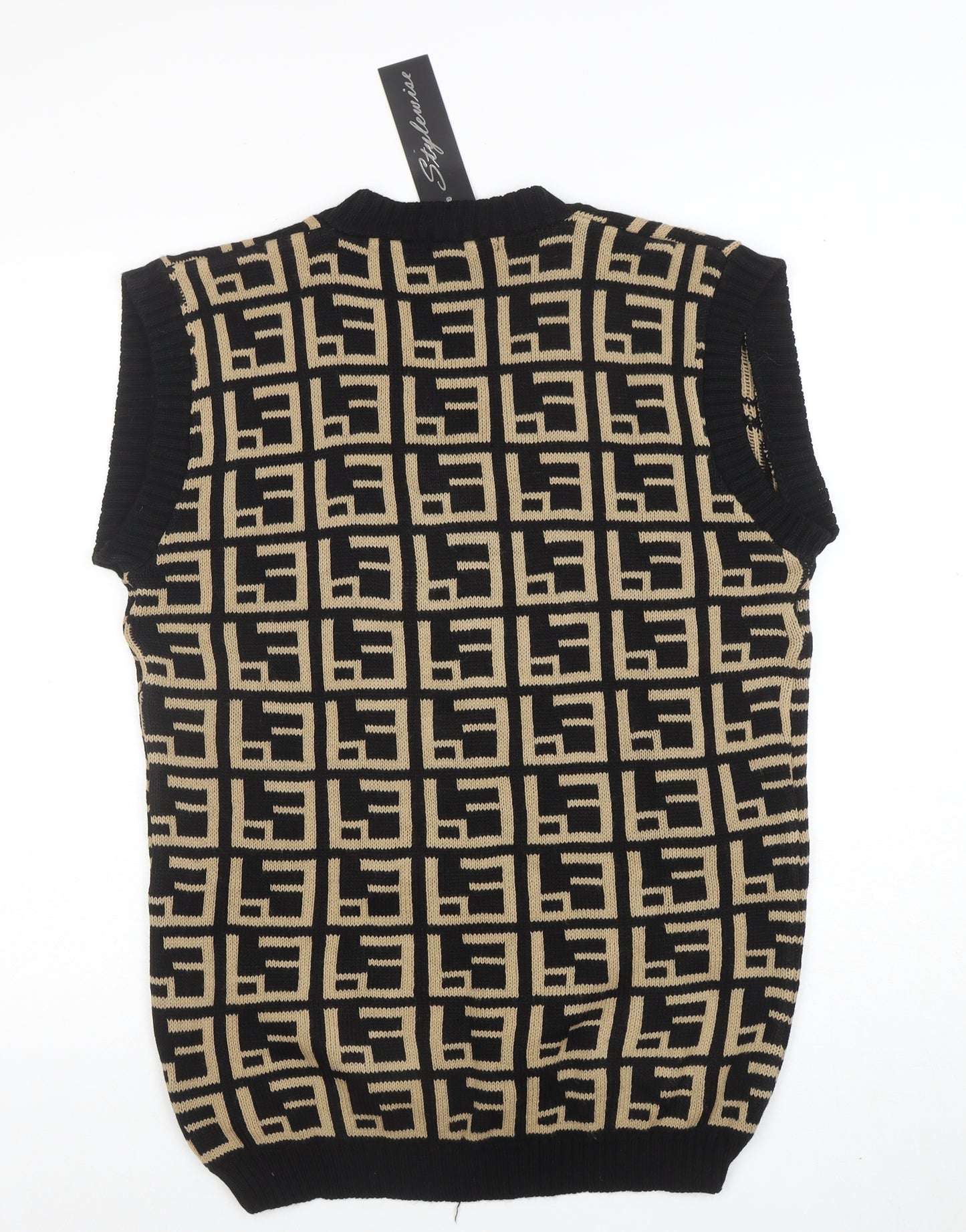 Stylewise Women's Black Beige Geometric V-Neck Knit Vest M/L