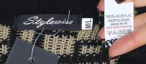 Stylewise Women's Black Beige Geometric V-Neck Knit Vest M/L
