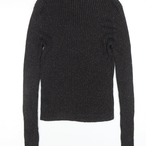 Topshop Women’s Black Metallic Roll Neck Ribbed Jumper UK 12
