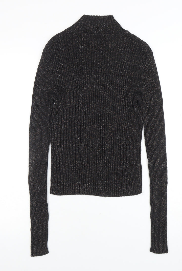 Topshop Women’s Black Metallic Roll Neck Ribbed Jumper UK 12