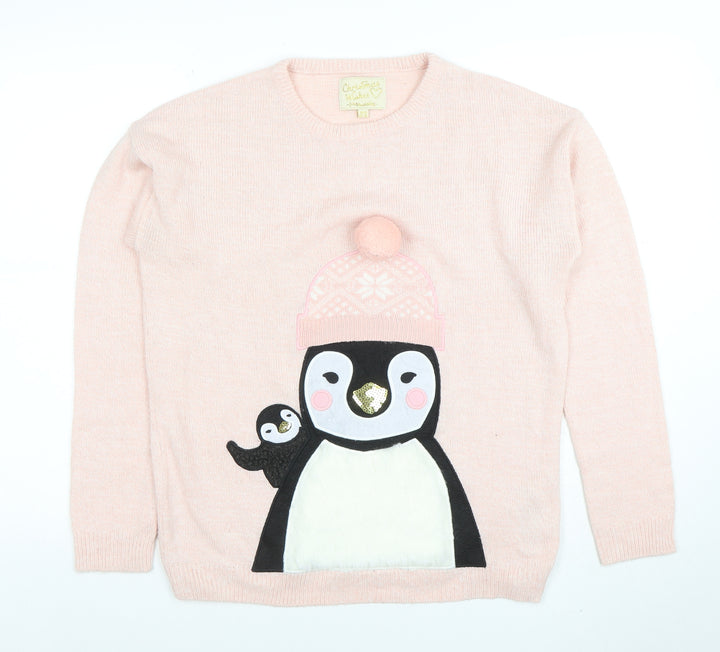 Christmas Wishes Women's Pink Penguin Knit Jumper Size M