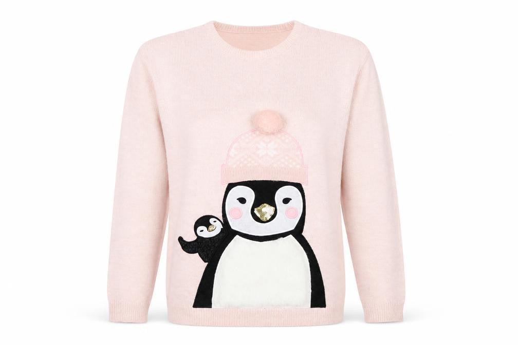 Christmas Wishes Women's Pink Penguin Knit Jumper Size M