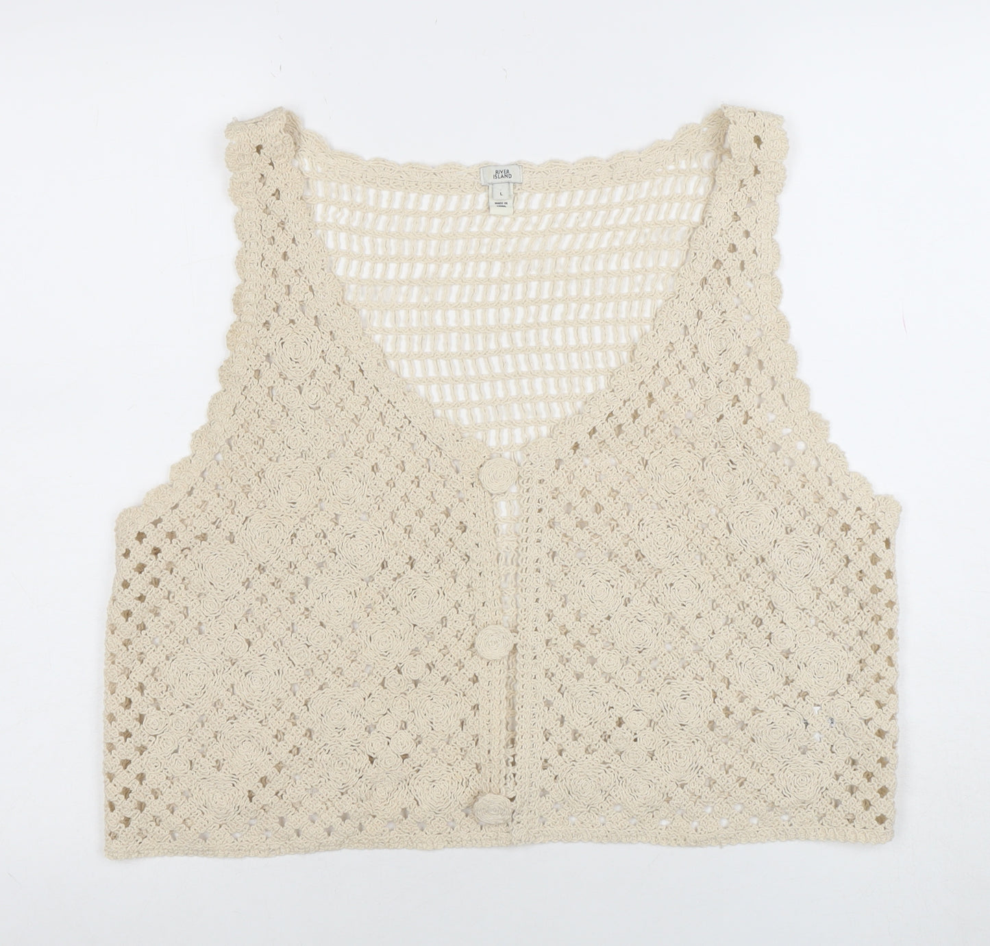 River Island Women’s Beige Crochet Cotton Vest L - Boho Summer Style