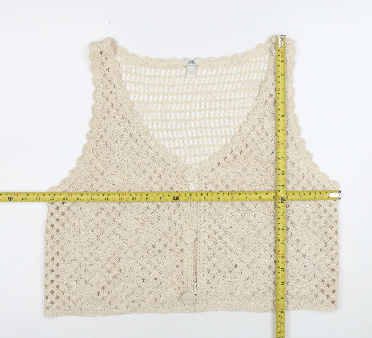 River Island Women’s Beige Crochet Cotton Vest L - Boho Summer Style