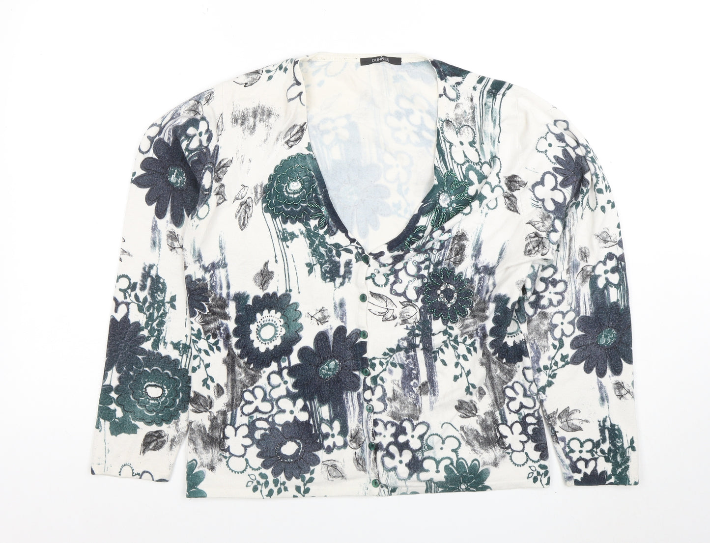 Dunnes Womens Green Floral V-Neck Button Cardigan Size 14
