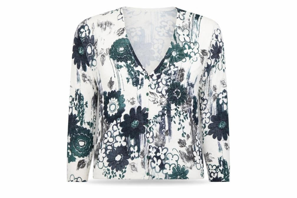 Front view of Dunnes women’s green floral v-neck button cardigan, size UK 14