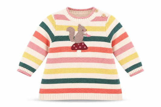 Front view of Vertbaudet girls’ multicoloured striped squirrel knit jumper 9-12 months