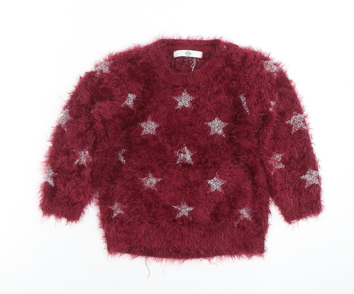 Marks and Spencer Girls Burgundy Star Fuzzy Pullover Jumper 3-4 Years