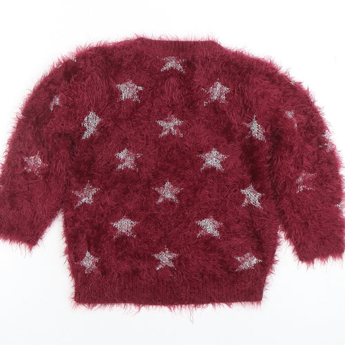 Marks and Spencer Girls Burgundy Star Fuzzy Pullover Jumper 3-4 Years