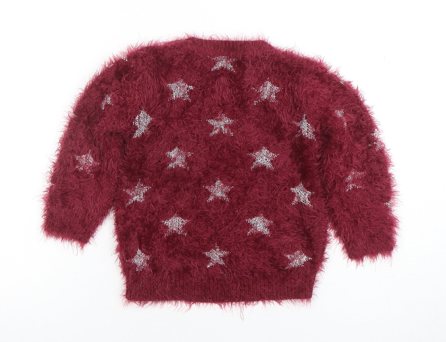 Marks and Spencer Girls Burgundy Star Fuzzy Pullover Jumper 3-4 Years