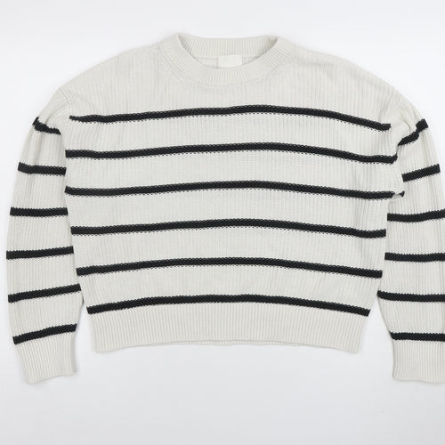 H&M Womens White Black Striped Knit Jumper Size M Long Sleeve Crew Neck