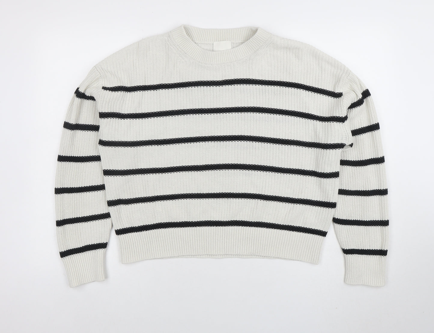H&M Womens White Black Striped Knit Jumper Size M Long Sleeve Crew Neck