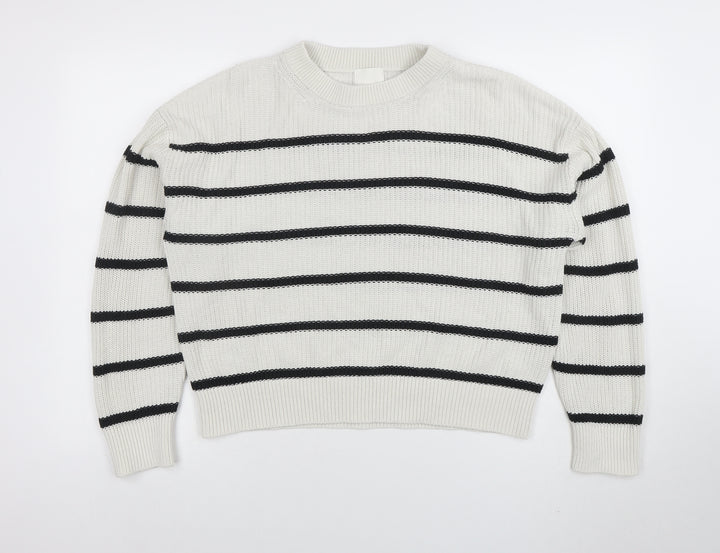 H&M Womens White Black Striped Knit Jumper Size M Long Sleeve Crew Neck