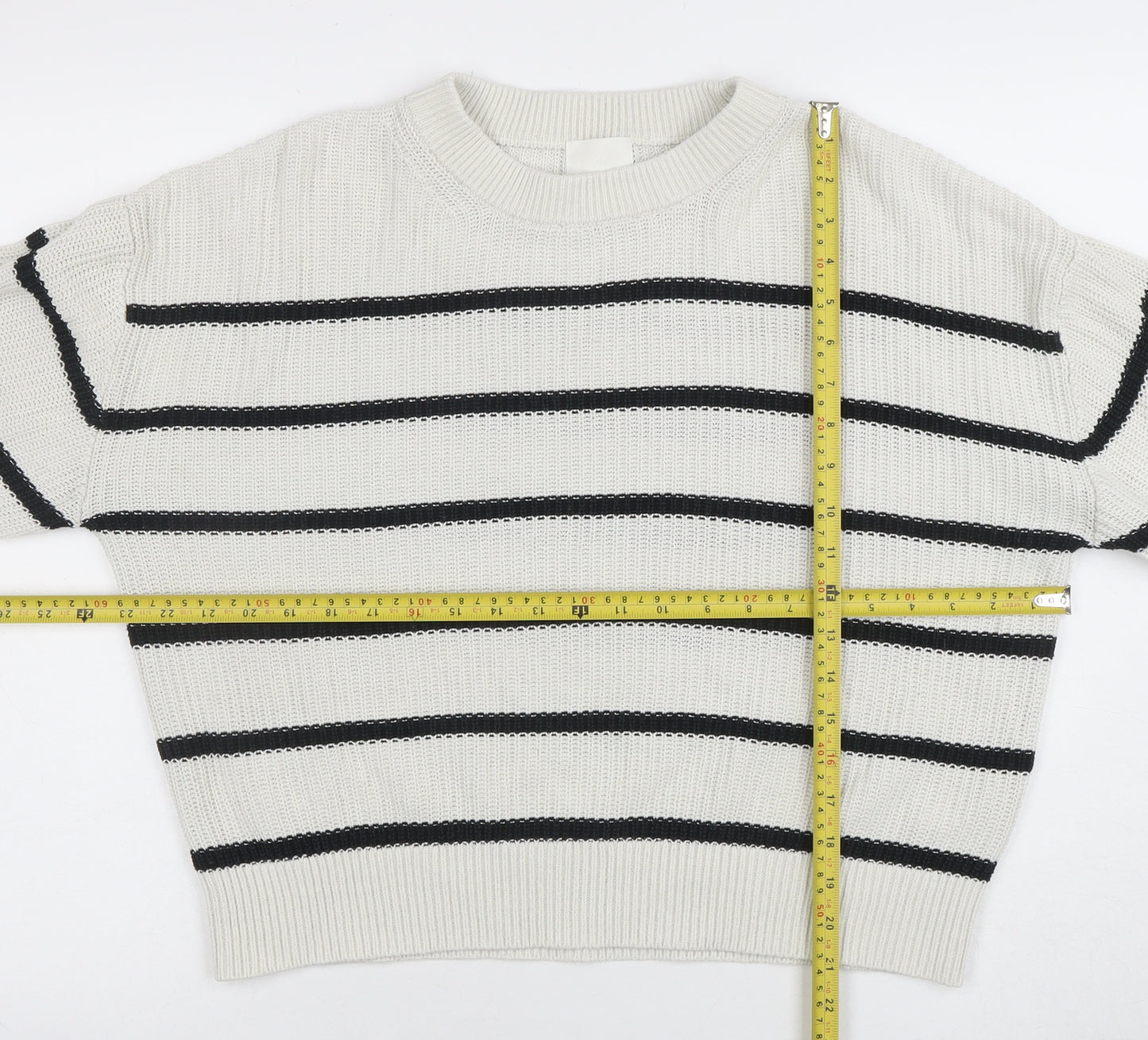 H&M Womens White Black Striped Knit Jumper Size M Long Sleeve Crew Neck