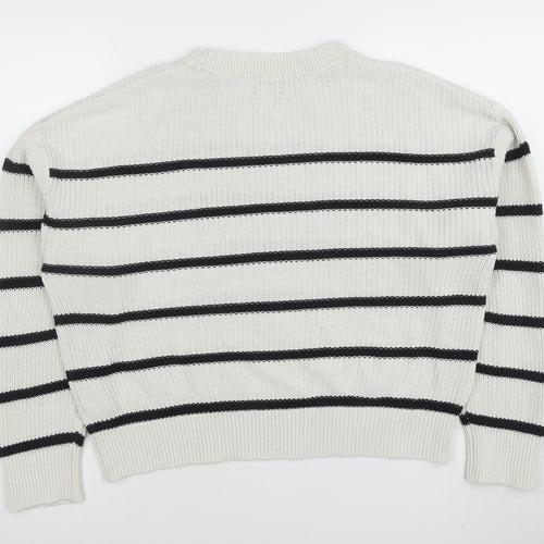 H&M Womens White Black Striped Knit Jumper Size M Long Sleeve Crew Neck
