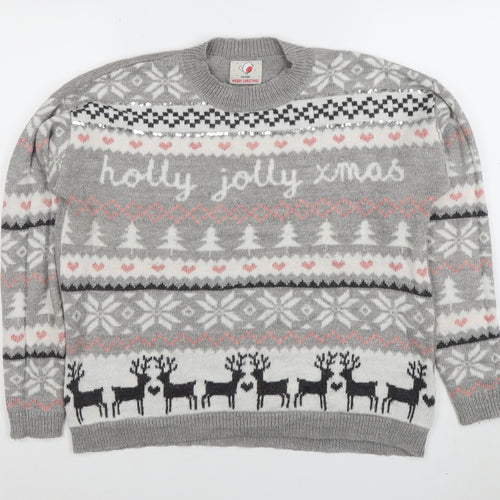 George Women's Grey Christmas Fair Isle Sequin Pullover Jumper Size S