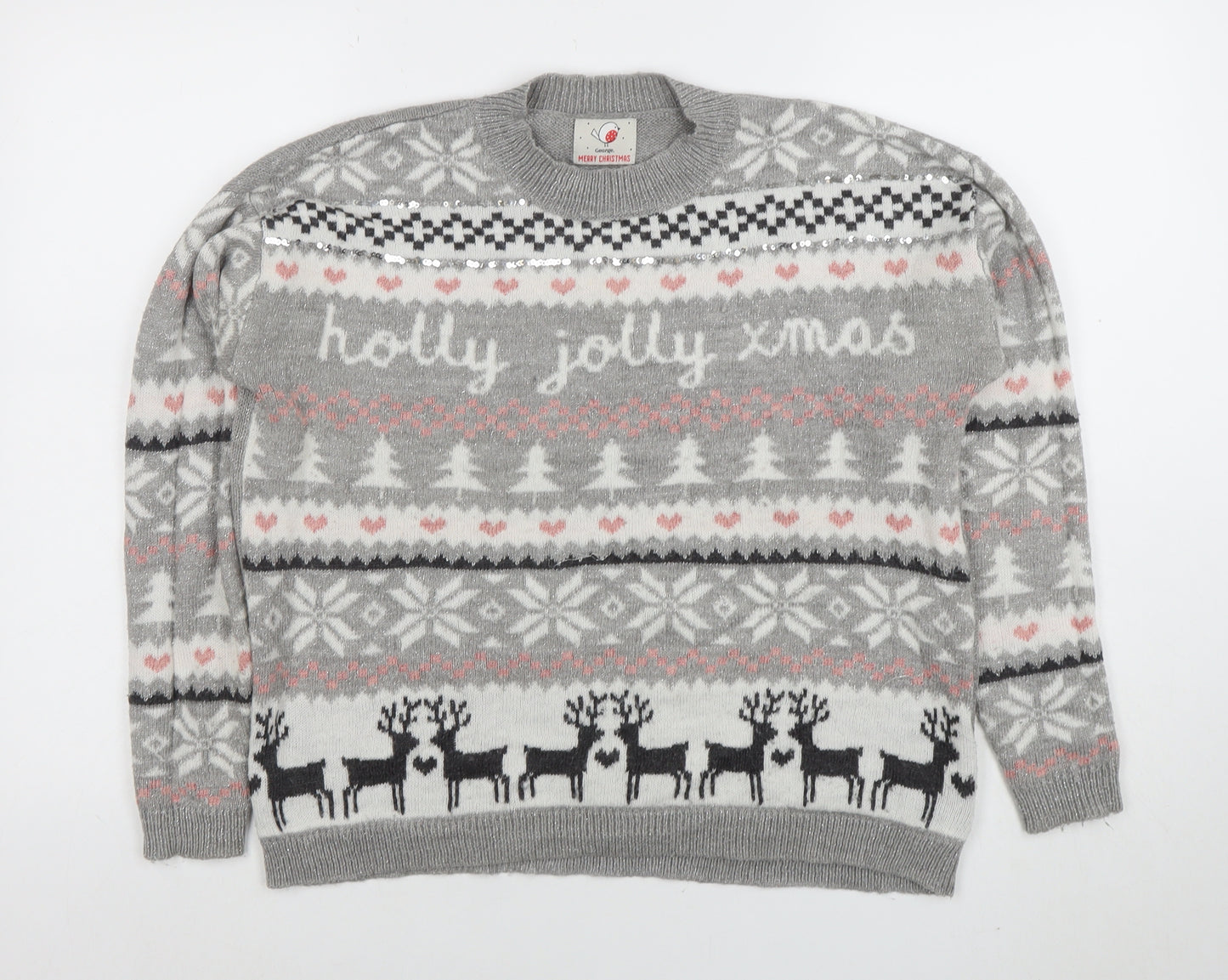 George Women's Grey Christmas Fair Isle Sequin Pullover Jumper Size S