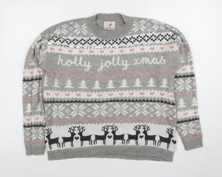 George Women's Grey Christmas Fair Isle Sequin Pullover Jumper Size S