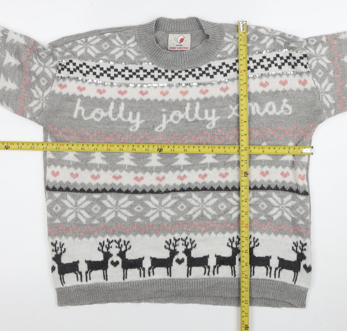 George Women's Grey Christmas Fair Isle Sequin Pullover Jumper Size S
