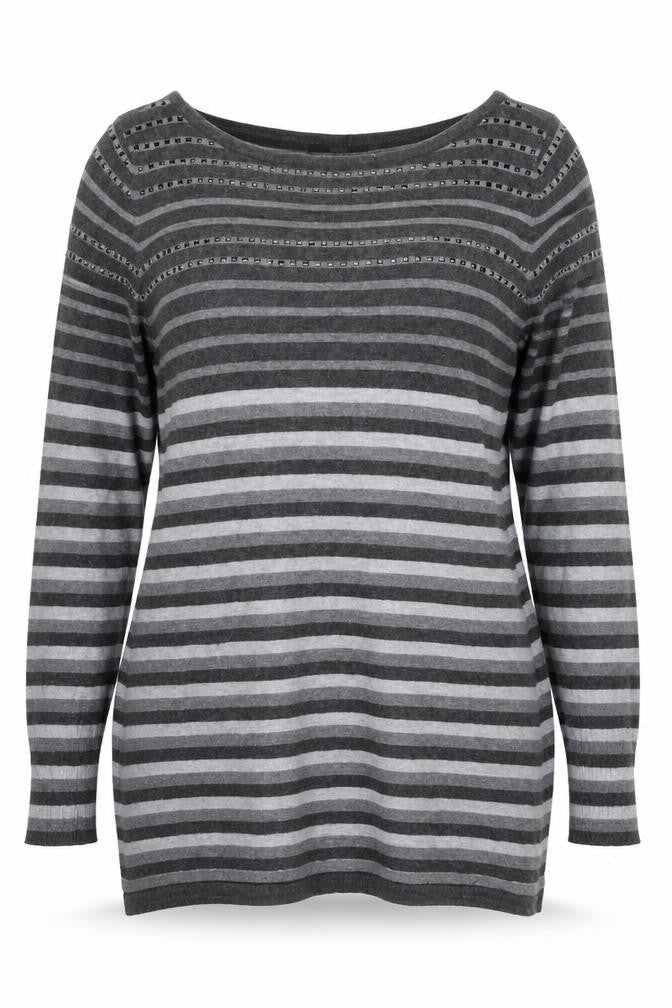 Front view of Marks & Spencer women’s grey striped jumper, size UK 16