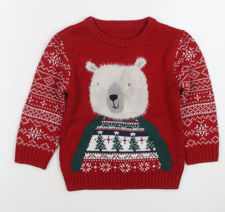 Nutmeg Boys Red Christmas Polar Bear Jumper 2-3 Years Fair Isle Knit
