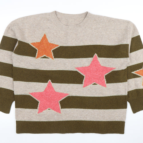 Next Women’s Beige & Green Striped Star Wool Blend Jumper Size L