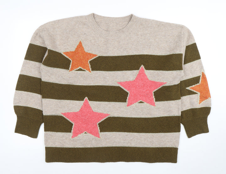Next Women’s Beige & Green Striped Star Wool Blend Jumper Size L