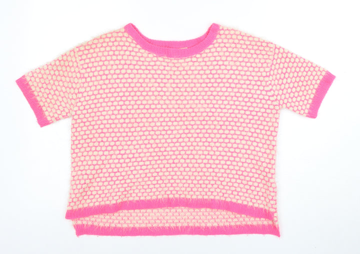 ASOS Women Pink & Cream Short Sleeve Cropped Knit Jumper UK 10