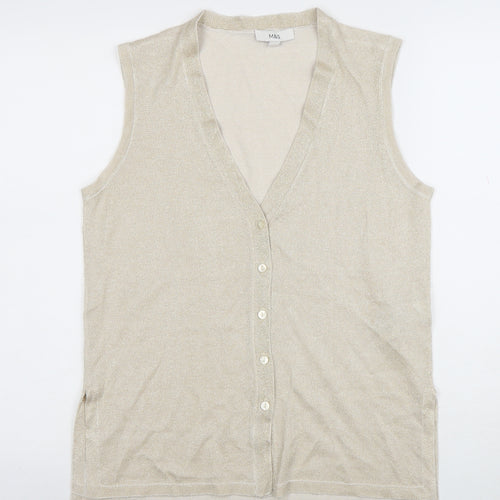Marks and Spencer Women’s Beige Sleeveless Knit V-Neck Button Blouse Size M
