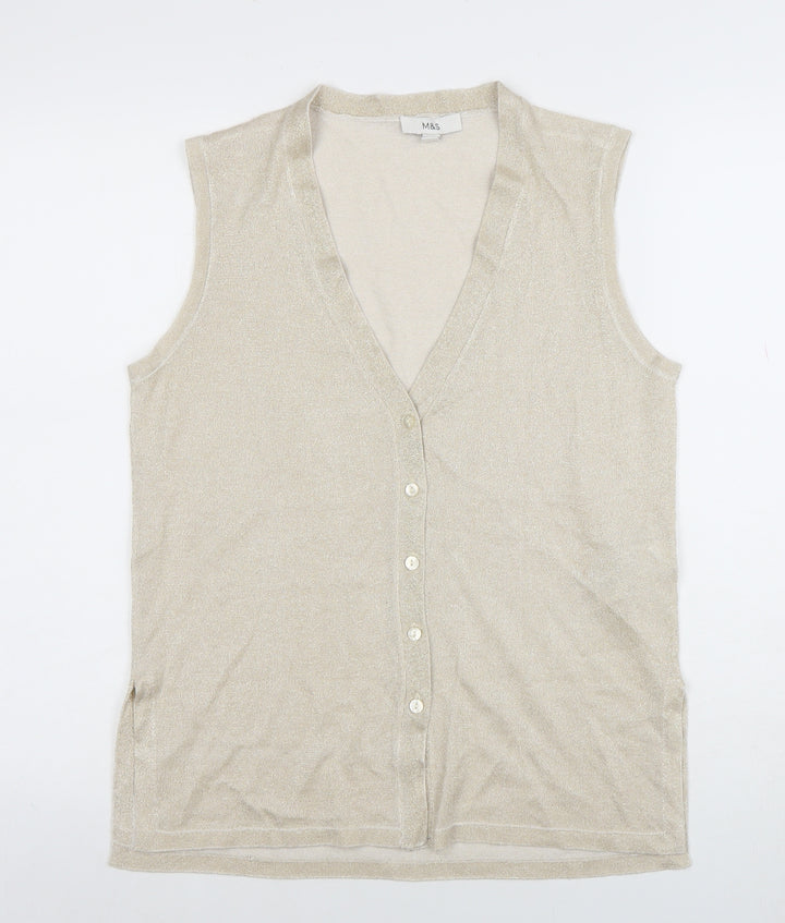 Marks and Spencer Women’s Beige Sleeveless Knit V-Neck Button Blouse Size M