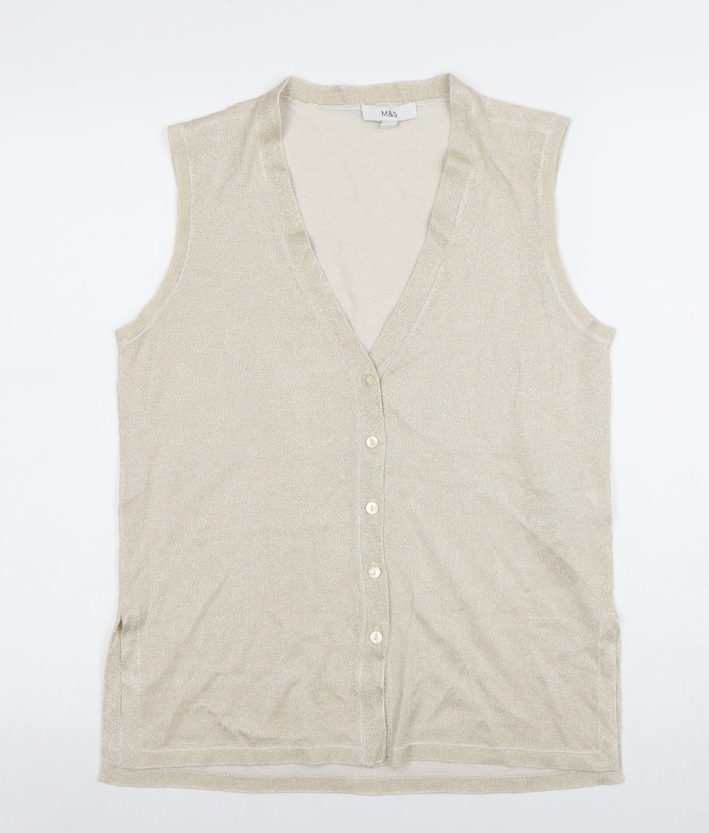 Marks and Spencer Women’s Beige Sleeveless Knit V-Neck Button Blouse Size M