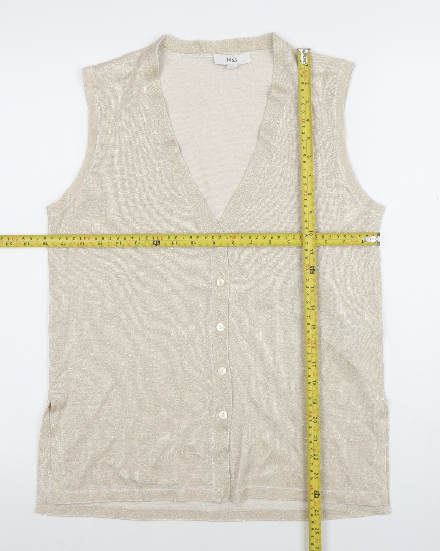 Marks and Spencer Women’s Beige Sleeveless Knit V-Neck Button Blouse Size M