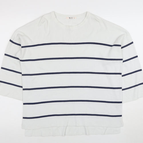 Tu Woman White Blue Striped 3/4 Sleeve Jersey Top Size 10