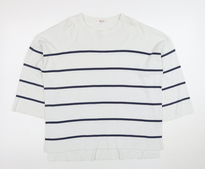Tu Woman White Blue Striped 3/4 Sleeve Jersey Top Size 10