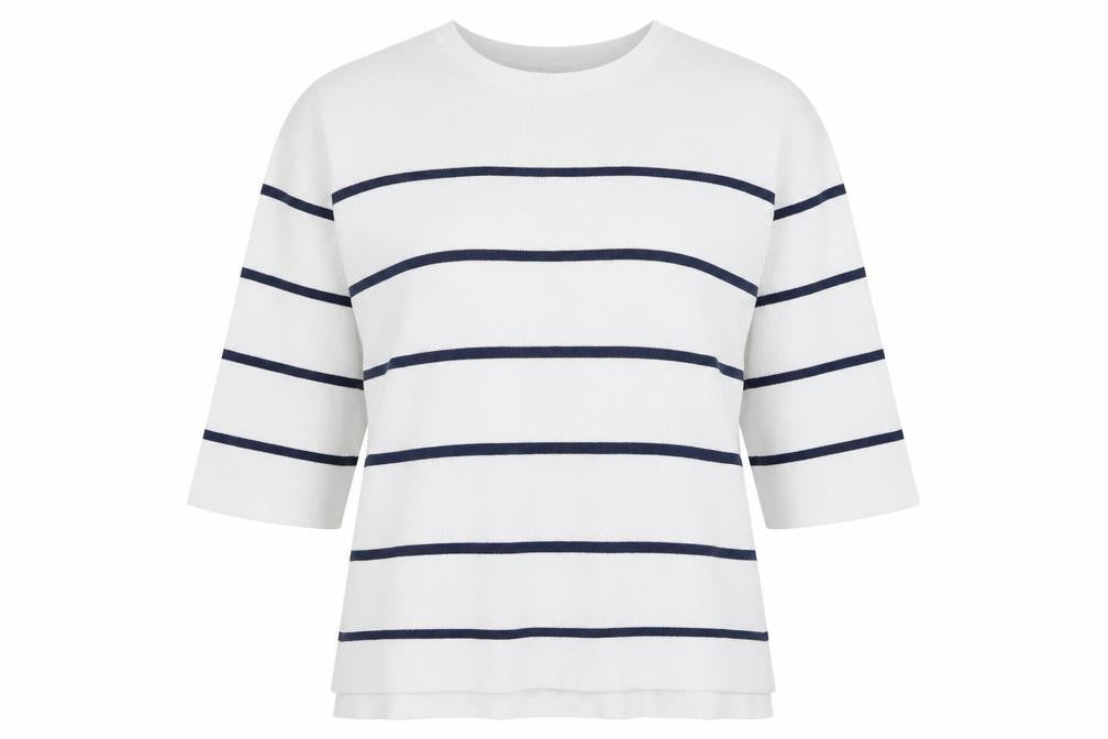 Tu Woman White Blue Striped 3/4 Sleeve Jersey Top Size 10