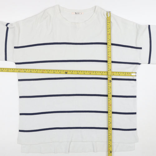 Tu Woman White Blue Striped 3/4 Sleeve Jersey Top Size 10