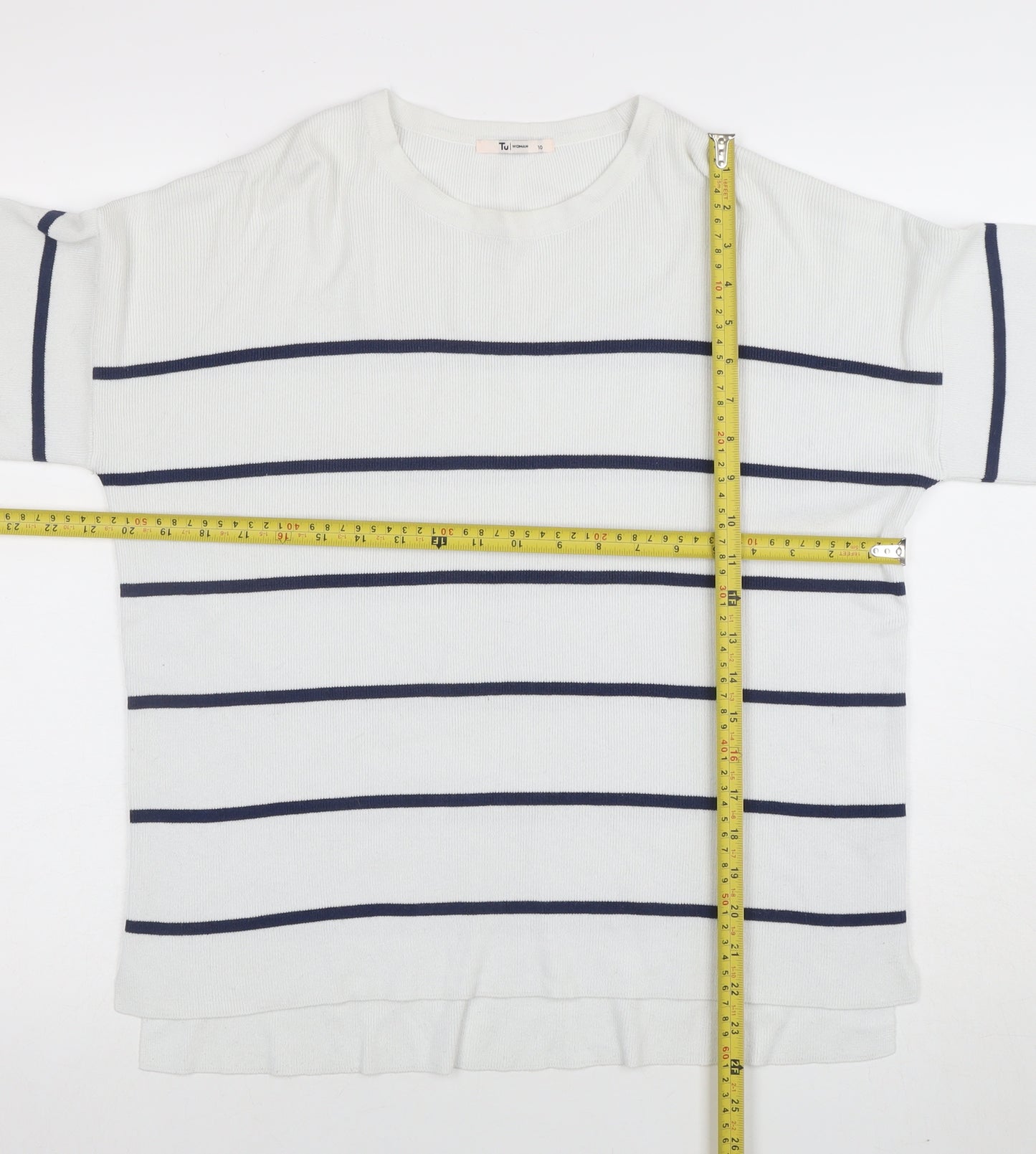 Tu Woman White Blue Striped 3/4 Sleeve Jersey Top Size 10