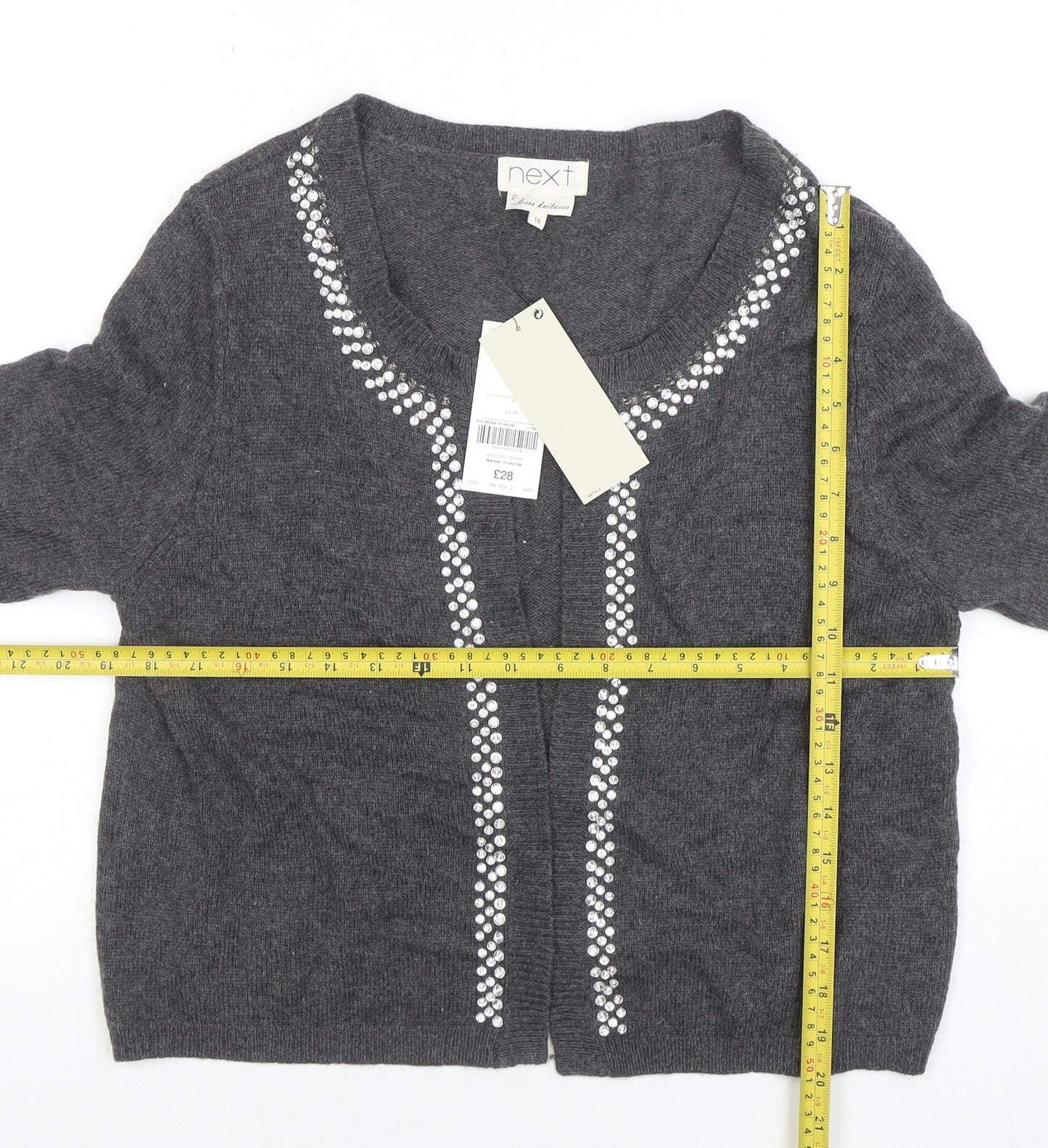 Next Women Grey Sequin Scoop Neck Short Sleeve Cardigan Size 16