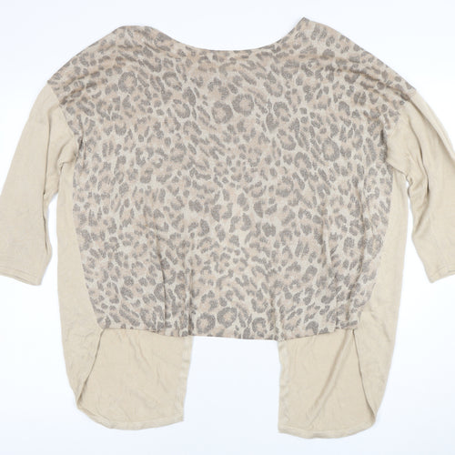 Oasis Women’s Beige Leopard Knit Wrap Top Size L 3/4 Sleeve