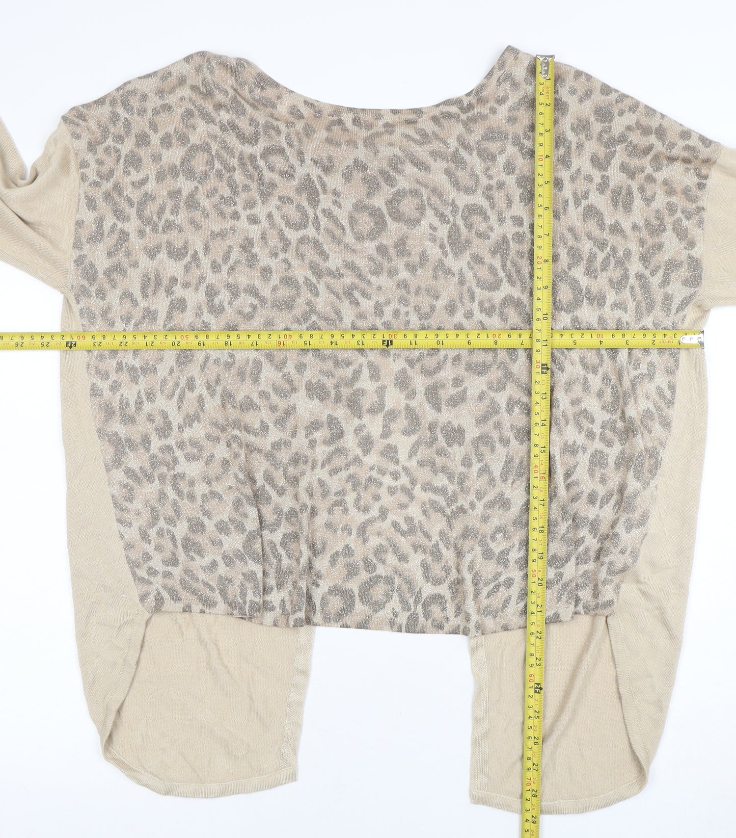 Oasis Women’s Beige Leopard Knit Wrap Top Size L 3/4 Sleeve