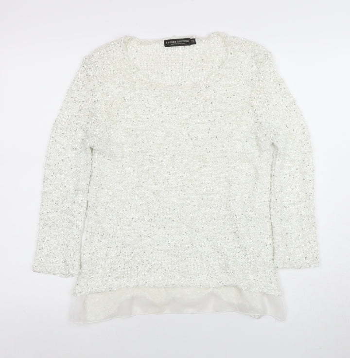 Cherry Couture Women's White Sequin Knit Pullover Jumper M