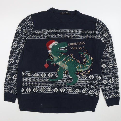 Avenue Men's Blue Christmas Dinosaur Fair Isle Jumper XL
