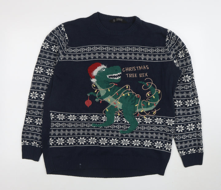 Avenue Men's Blue Christmas Dinosaur Fair Isle Jumper XL