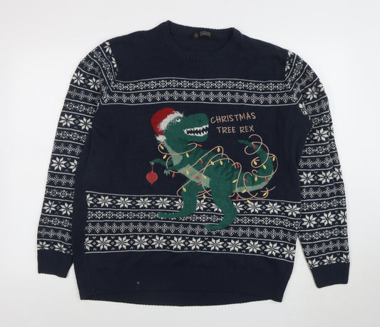 Avenue Men's Blue Christmas Dinosaur Fair Isle Jumper XL
