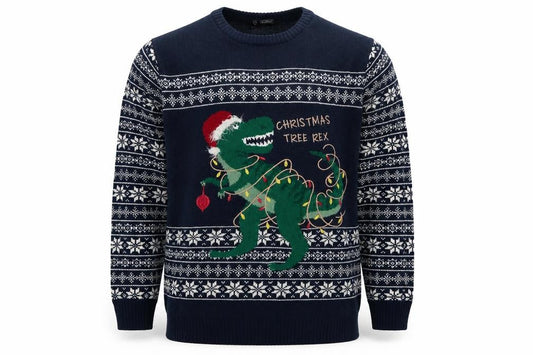 Front view of Avenue Men's Blue Christmas Dinosaur Fair Isle Jumper XL