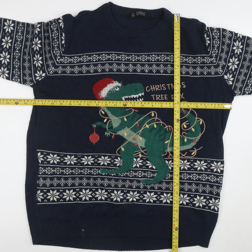 Avenue Men's Blue Christmas Dinosaur Fair Isle Jumper XL