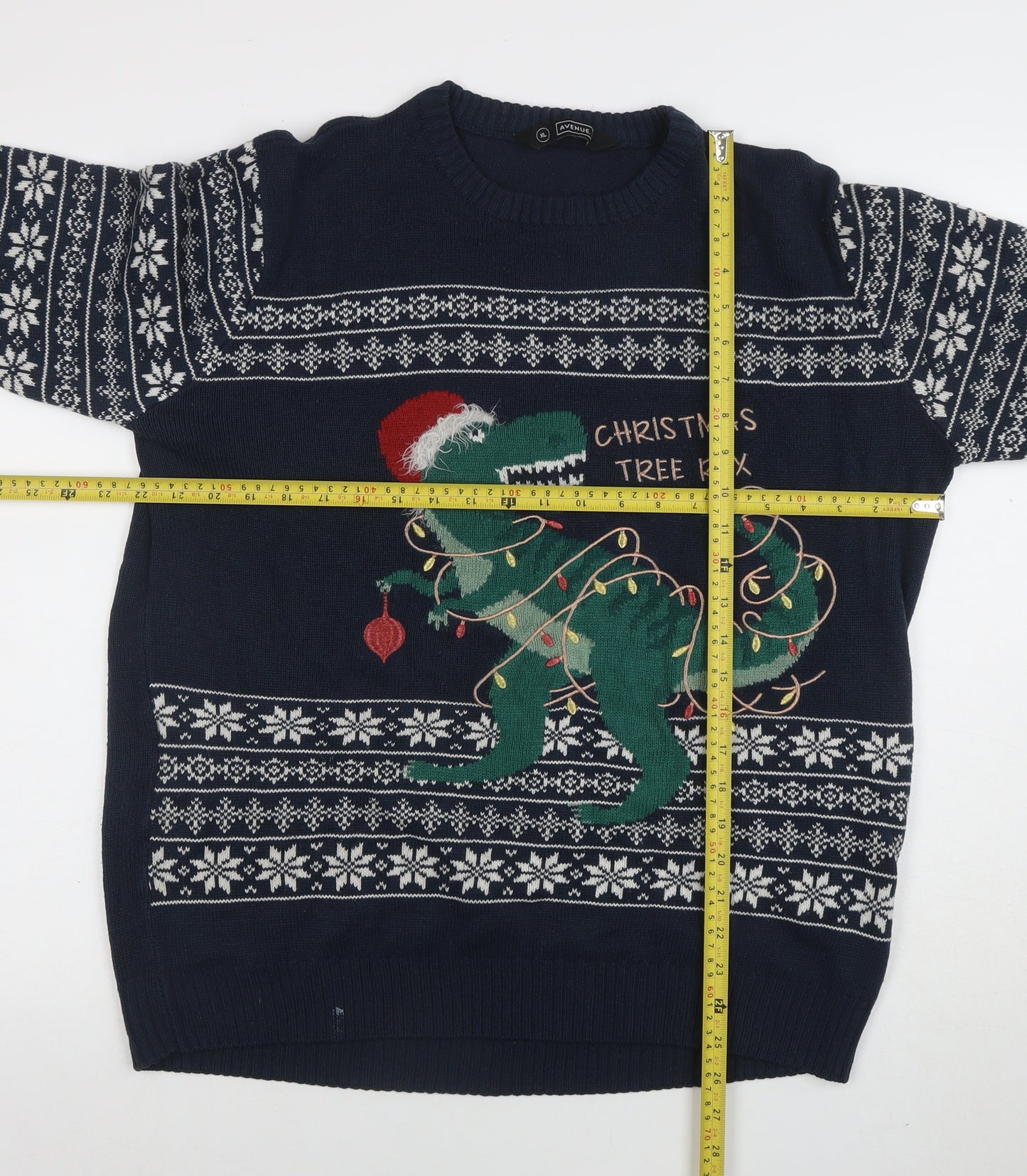 Avenue Men's Blue Christmas Dinosaur Fair Isle Jumper XL