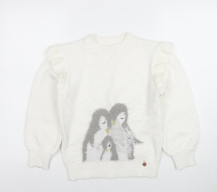 Angel & Rocket Girls White Sequin Penguin Jumper Size 10 Long Sleeve Knit