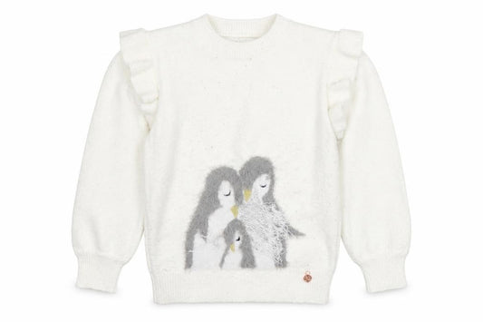 Front view of Angel & Rocket girls’ white sequin penguin jumper, size 10, long sleeve knit