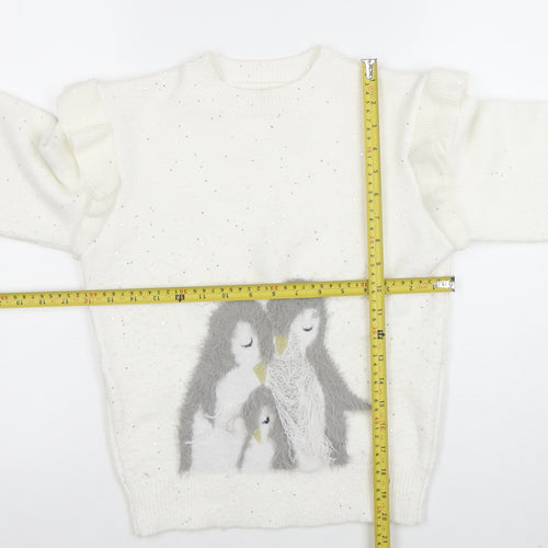 Angel & Rocket Girls White Sequin Penguin Jumper Size 10 Long Sleeve Knit